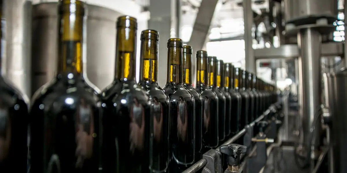 Dark glass wine bottles lined up on an industrial bottling line